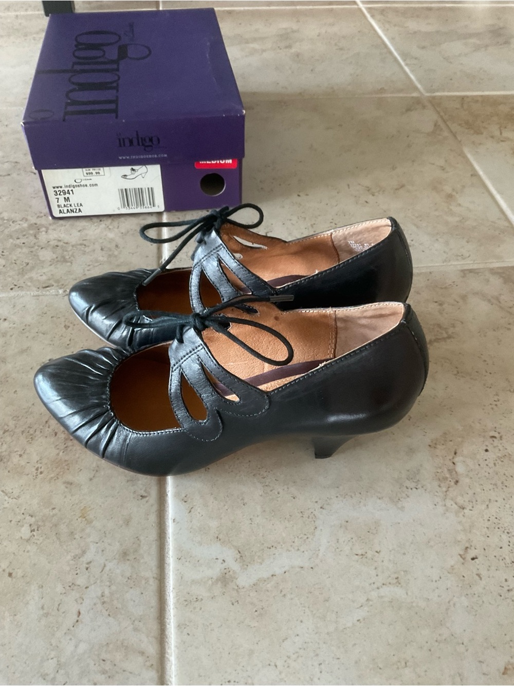 Indigo Black Lace-Up Cutout Kitten Heel Pumps
